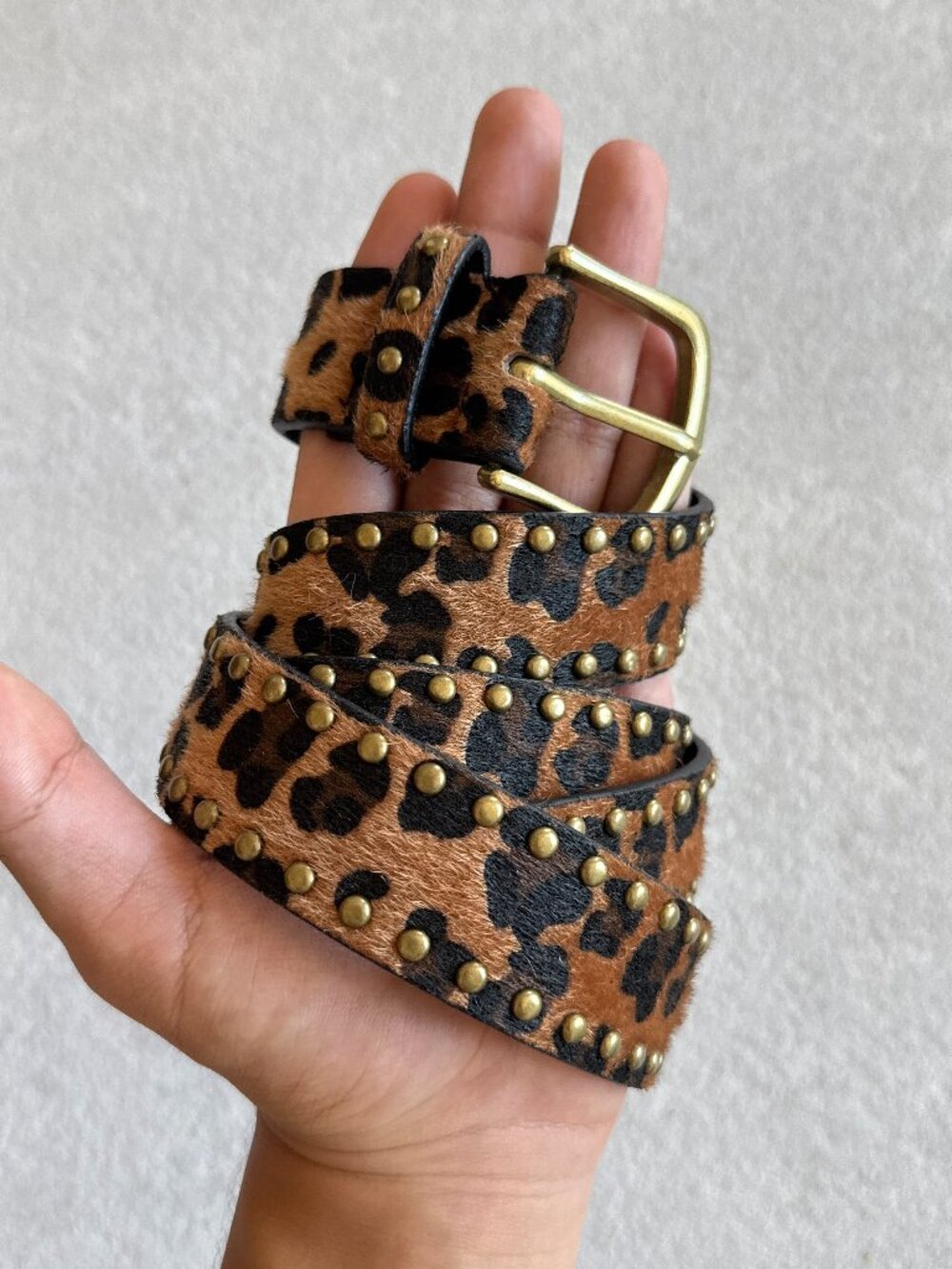 Brown Cheetah Studded Brass Buckle Belt